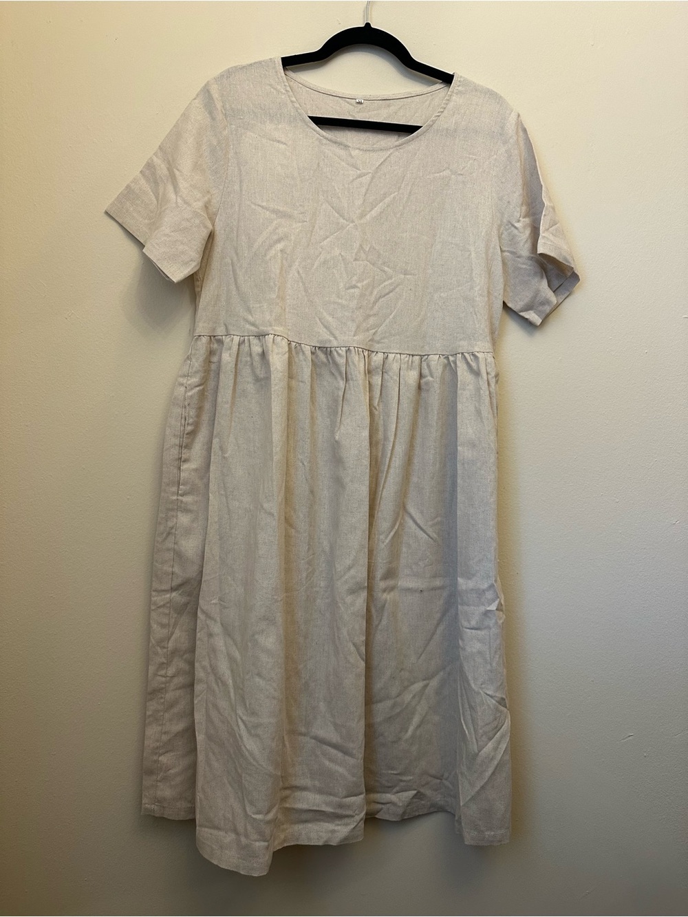 Mordenmiss Linen Blend Midi Dress Medium Oatmeal Beige Short Sleeve Pocket Dress